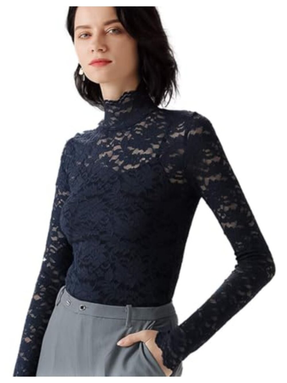 Plus Size Floral Lace Top 2 Set Eyelash Trim Long Sleeve Mock Neck with Camisole